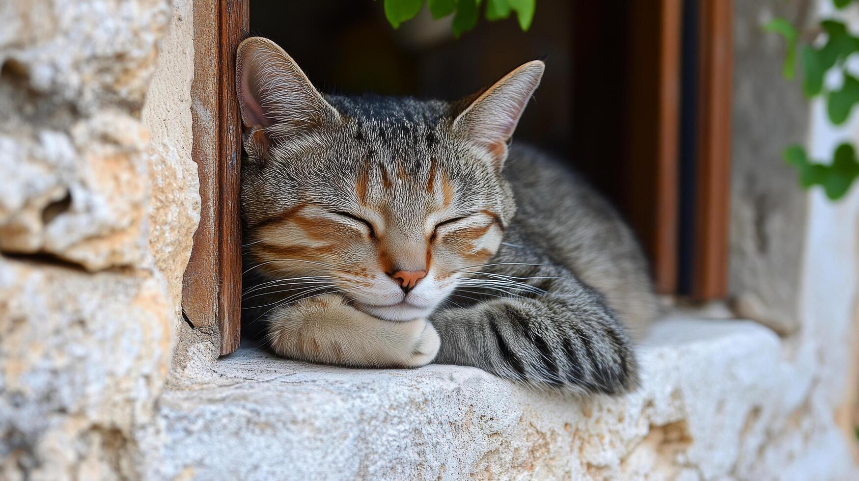 A cat sleeping in a window sill photo