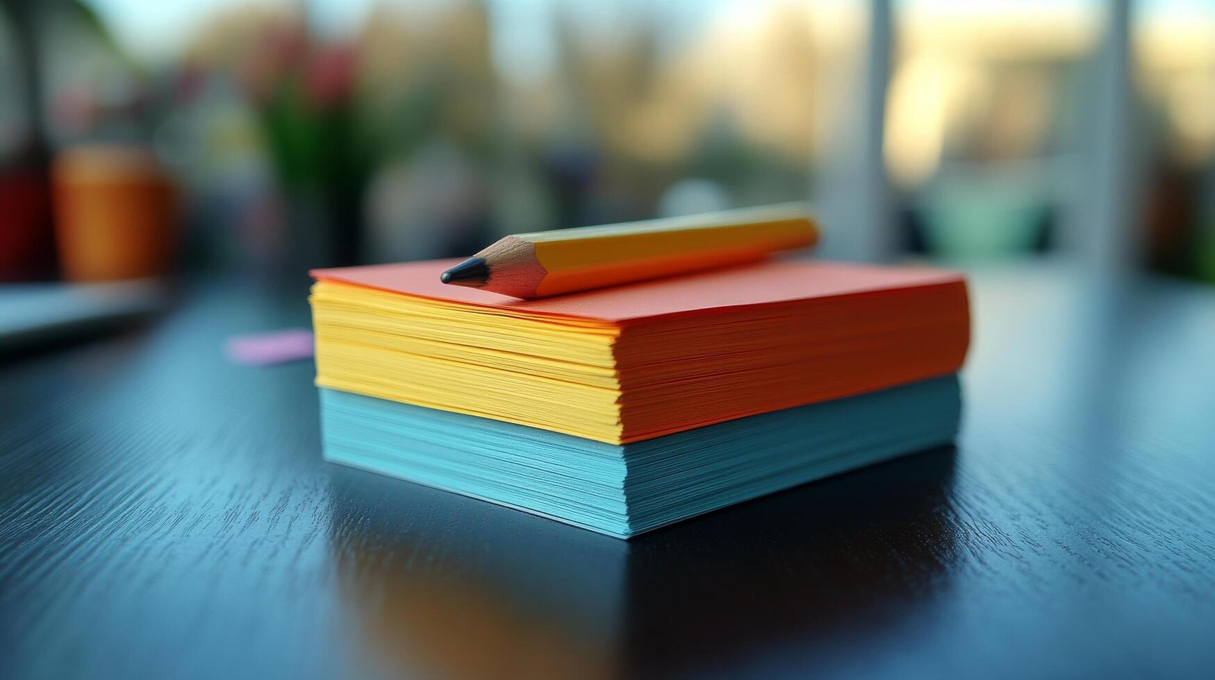 A stack of colorful post - it notes sitting on top of a pencil photo