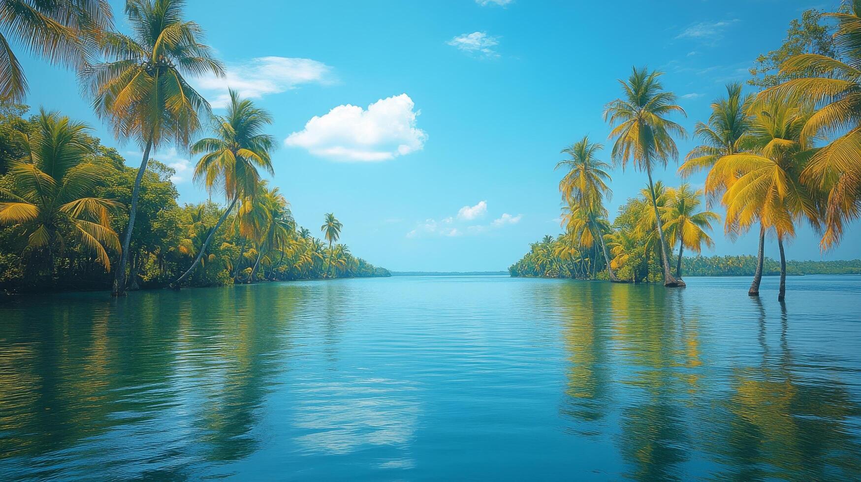 A body of water with palm trees and blue sky photo