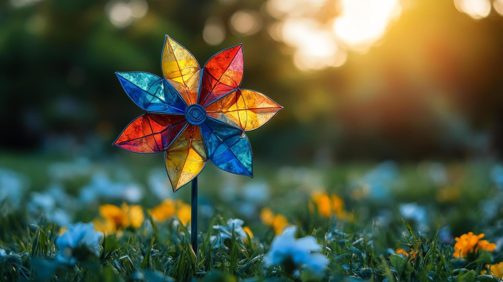 A colorful pinwheel in the grass with a sun in the background photo