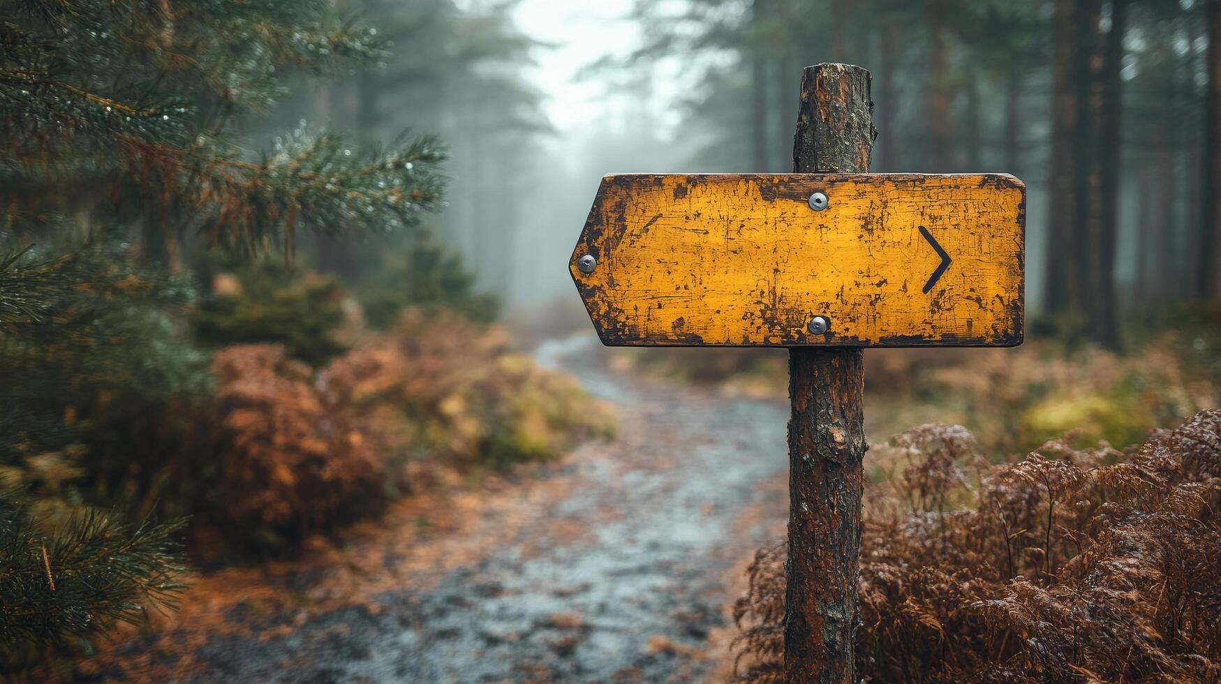 A yellow sign on a wooden post in the middle of a forest photo