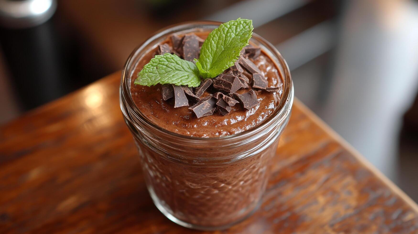 A chocolate smoothie with mint leaves on top photo