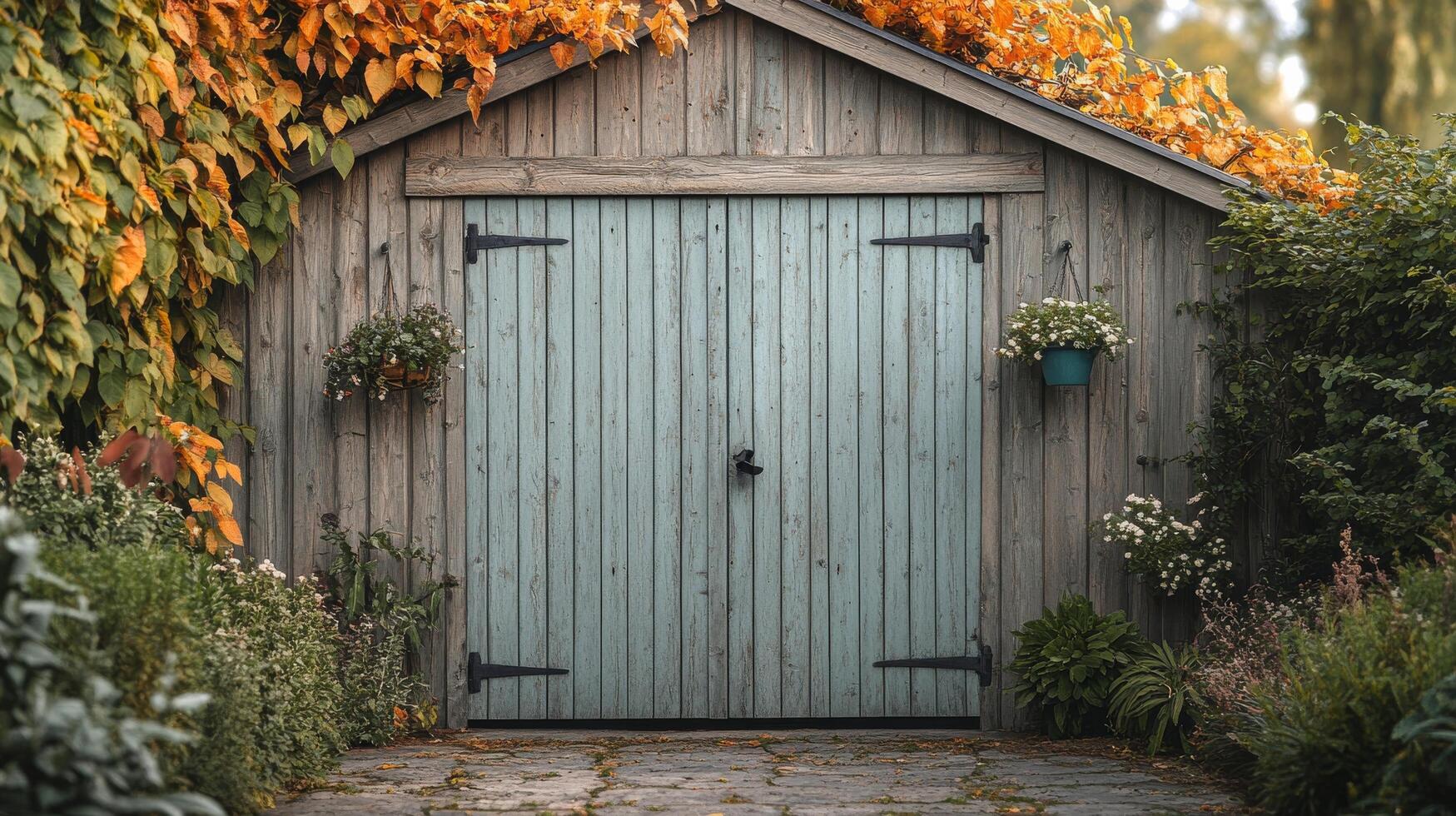 A small blue shed with a door and flowers photo