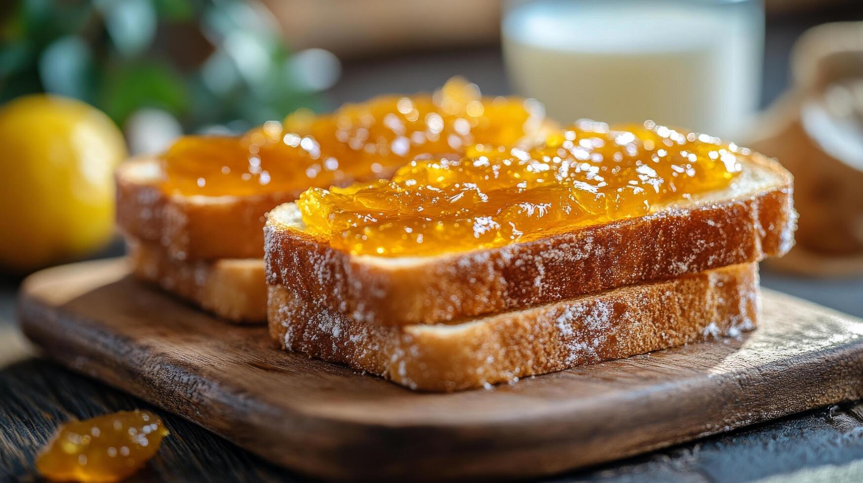 A slice of bread with jam and a glass of milk photo