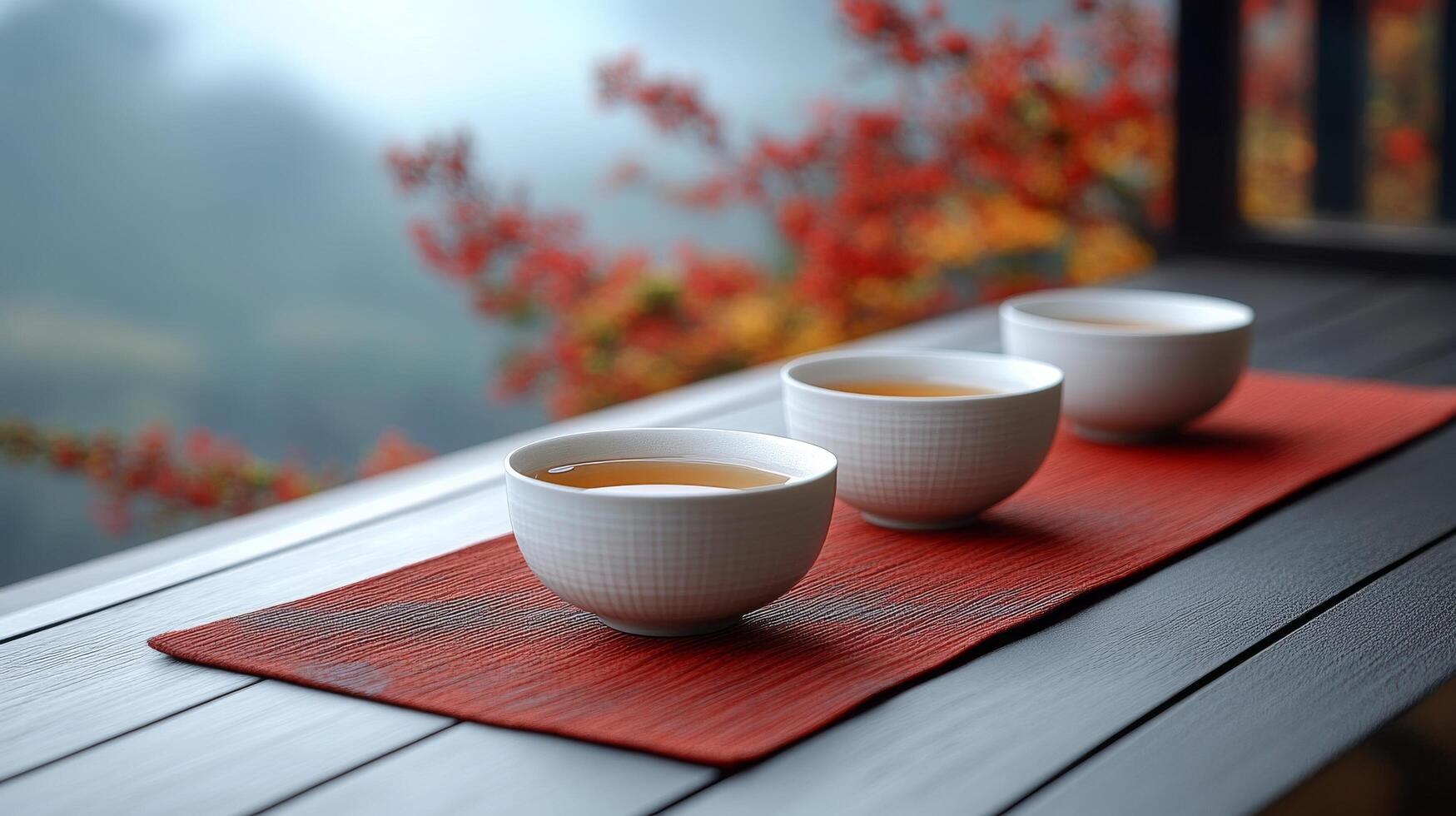 Three cups of tea sit on a table photo