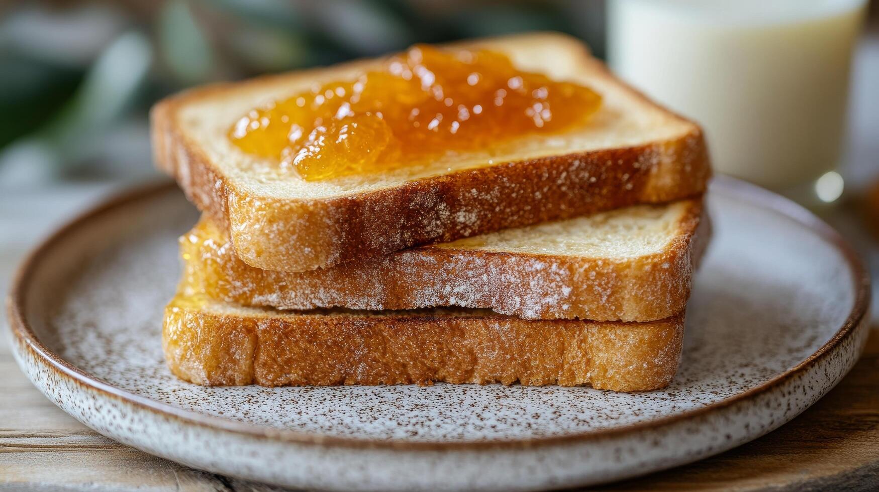 A slice of bread with jam and a glass of milk photo