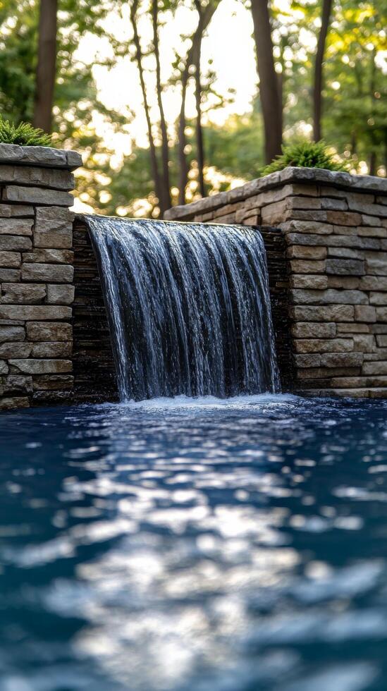A waterfall flowing into a pool in the backyard photo