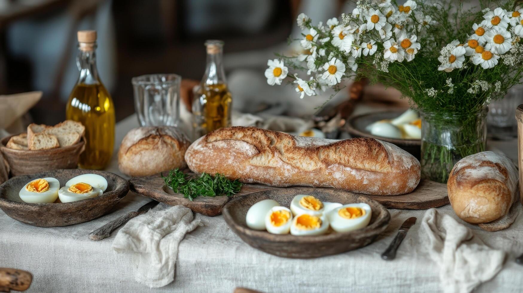 A table with bread, eggs and flowers photo