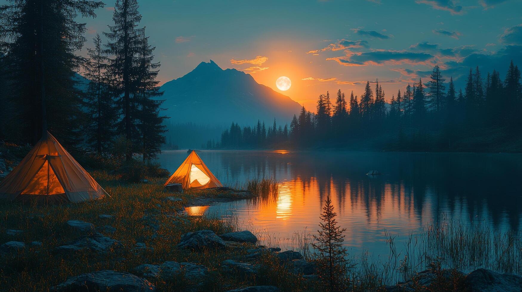 A tent is set up near a lake at sunset photo