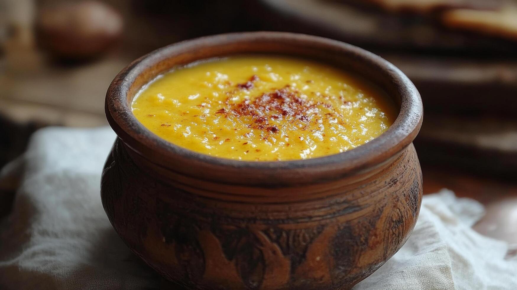 A bowl of soup with a spoon on top photo