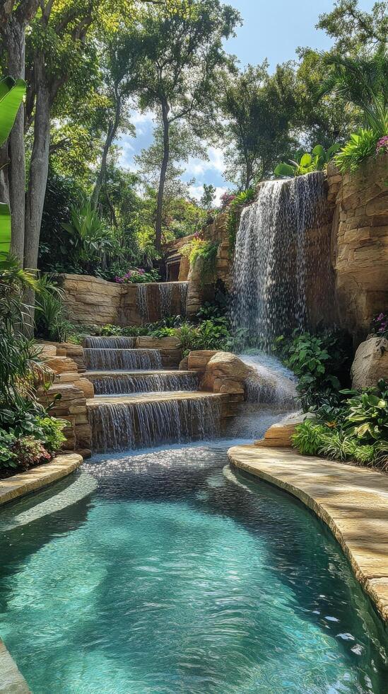 A waterfall and waterfall in a backyard with a pool photo