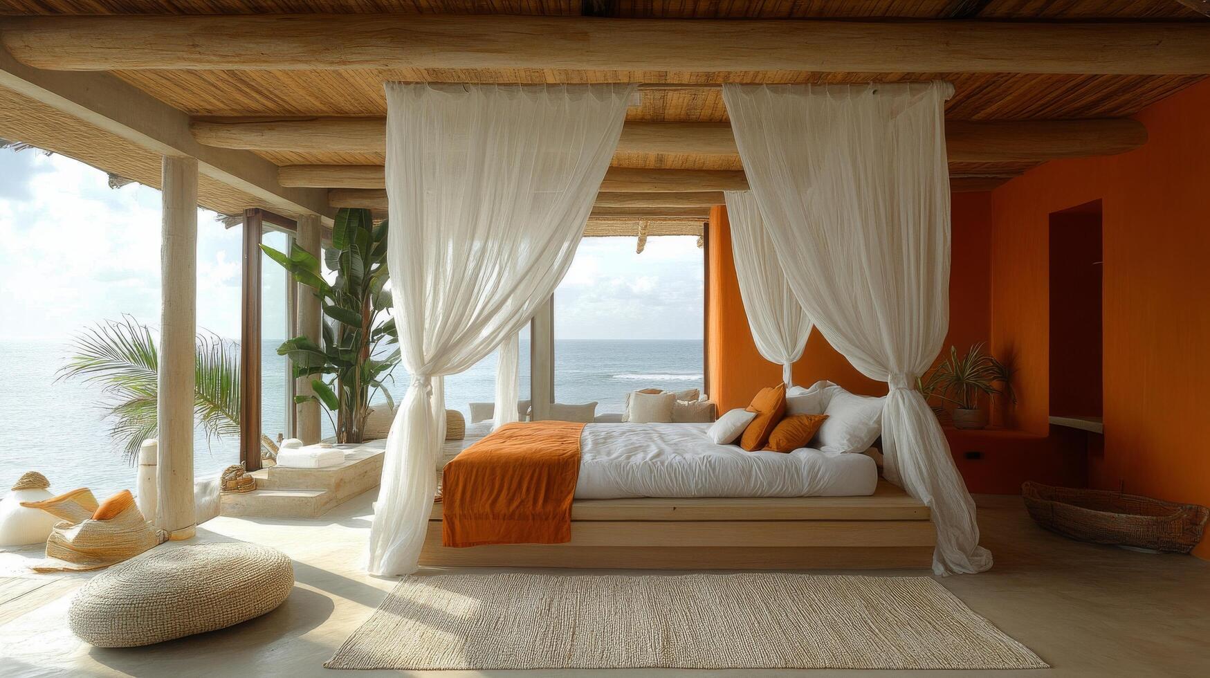 A bedroom with orange walls and white curtains photo