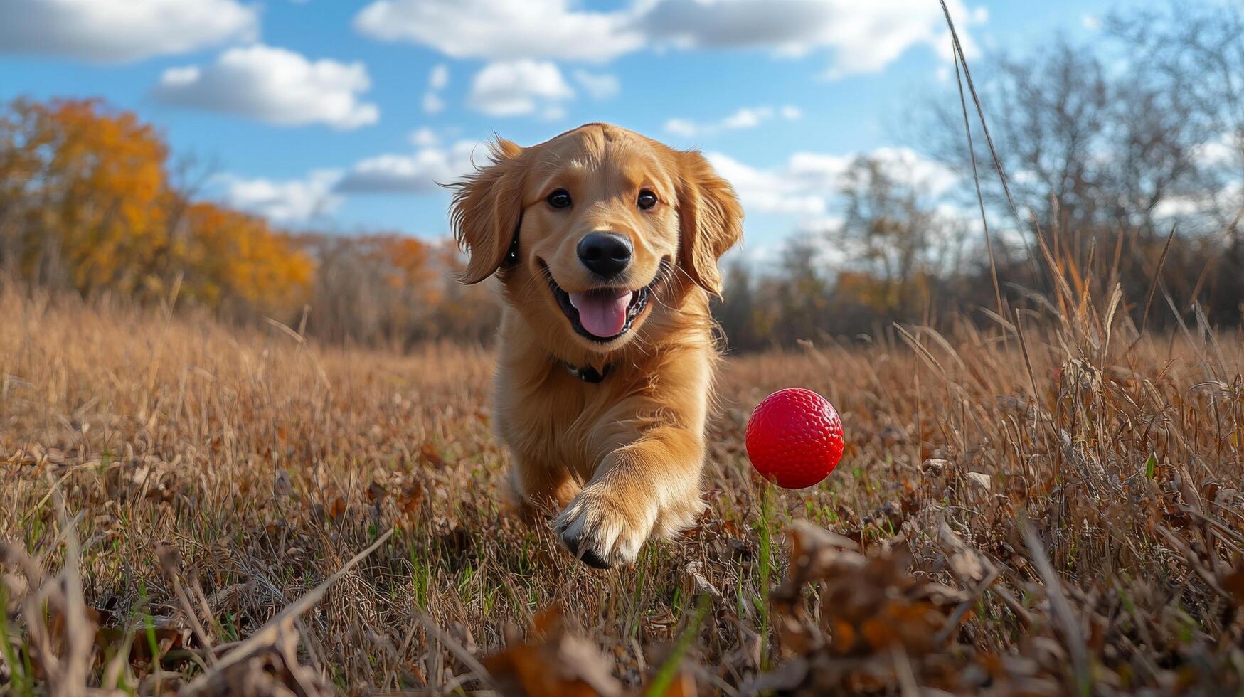 A golden retriever running through a field with a red ball photo