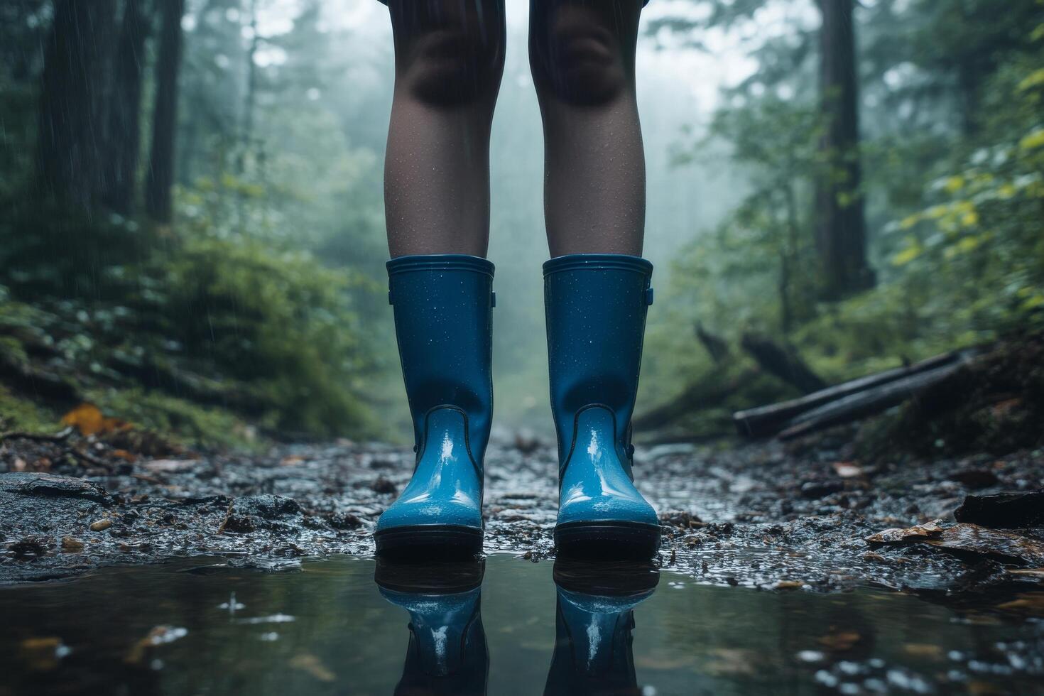 A person standing in the middle of a forest with blue rain boots photo