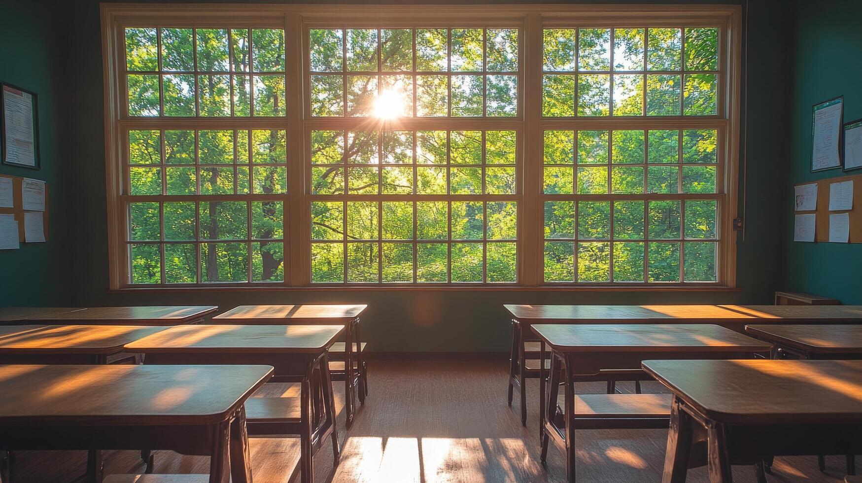 A classroom with desks and windows photo