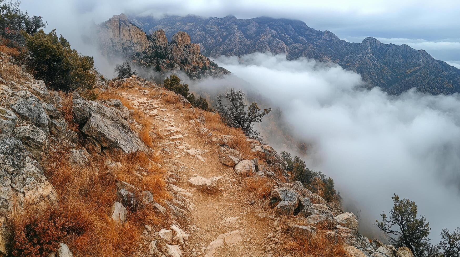 A trail leads up to a mountain with clouds in the background photo