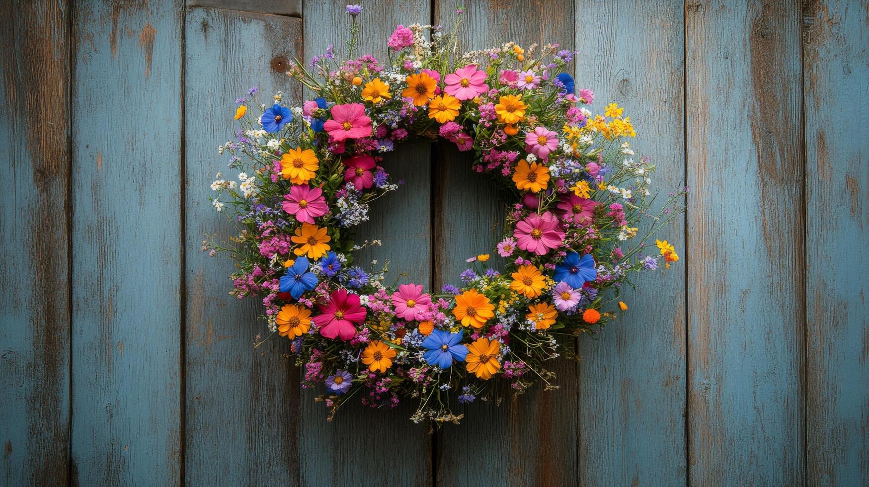 A wreath of flowers on a wooden wall photo