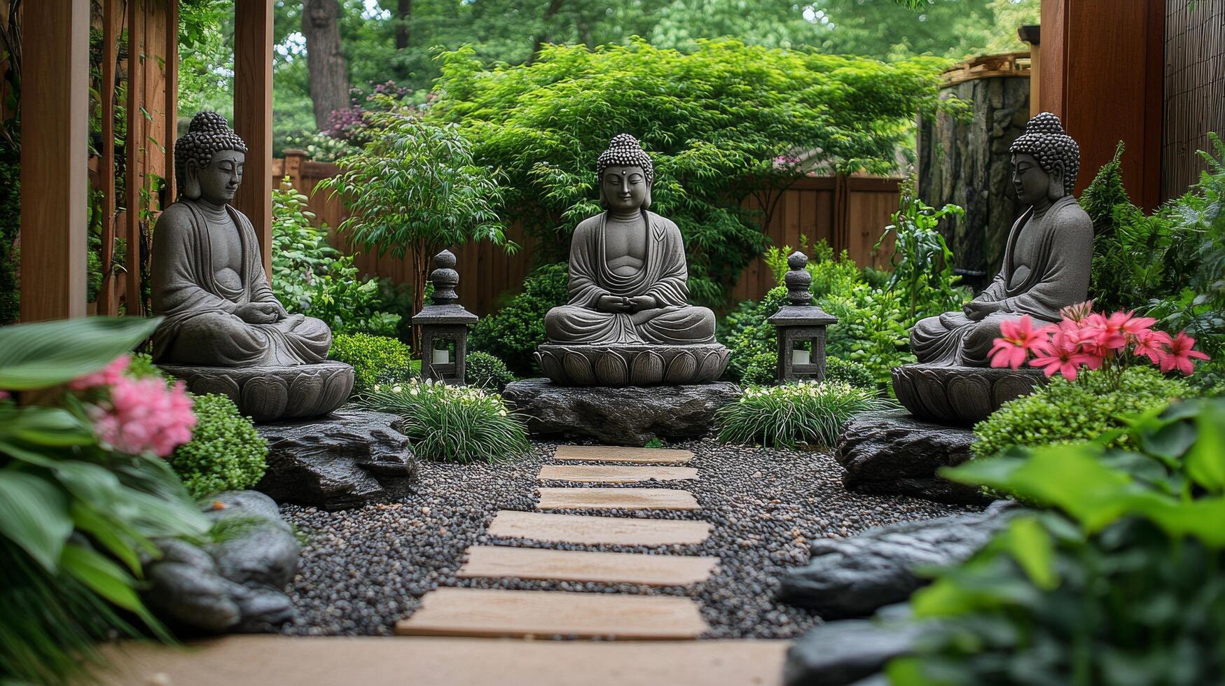 A garden with statues of buddha in the middle photo