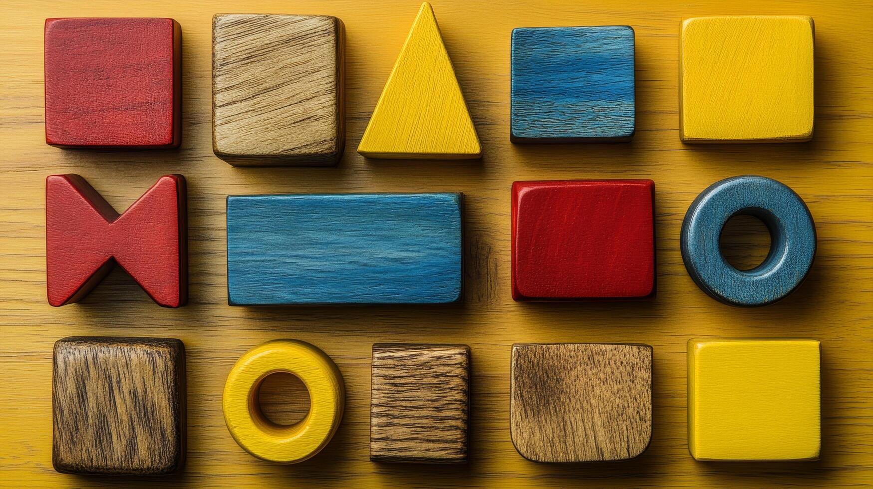 Colorful wooden blocks arranged in a pattern on a wooden surface photo