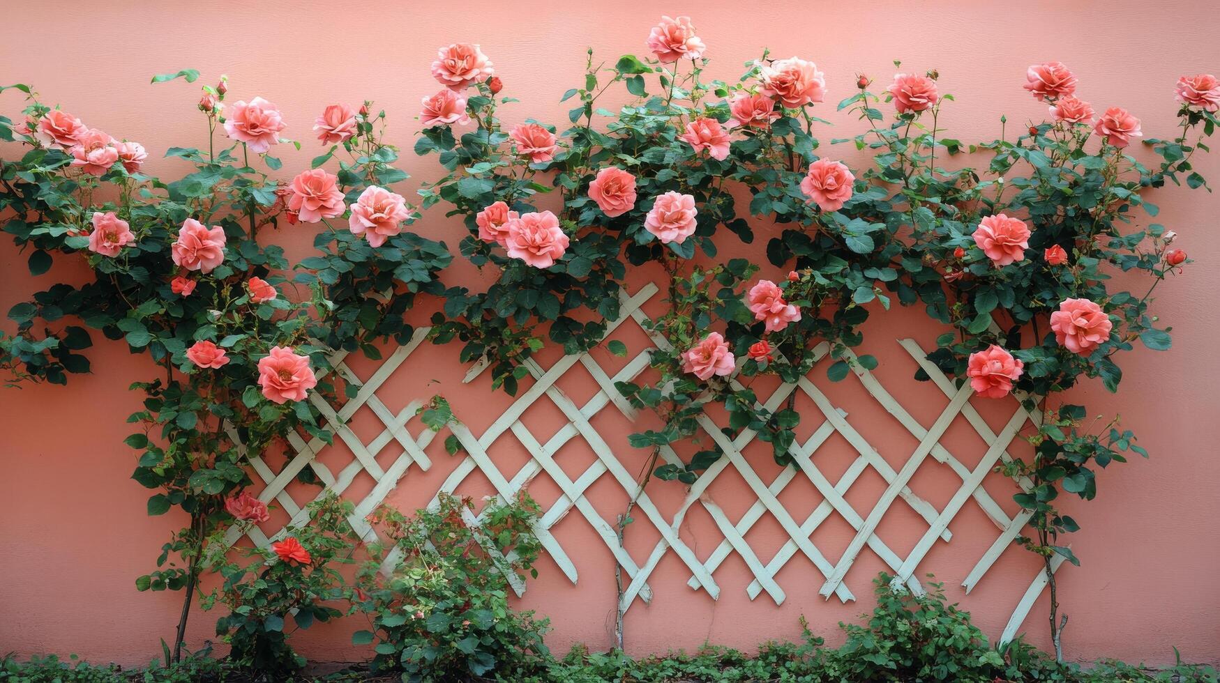 A pink wall with pink roses growing on it photo
