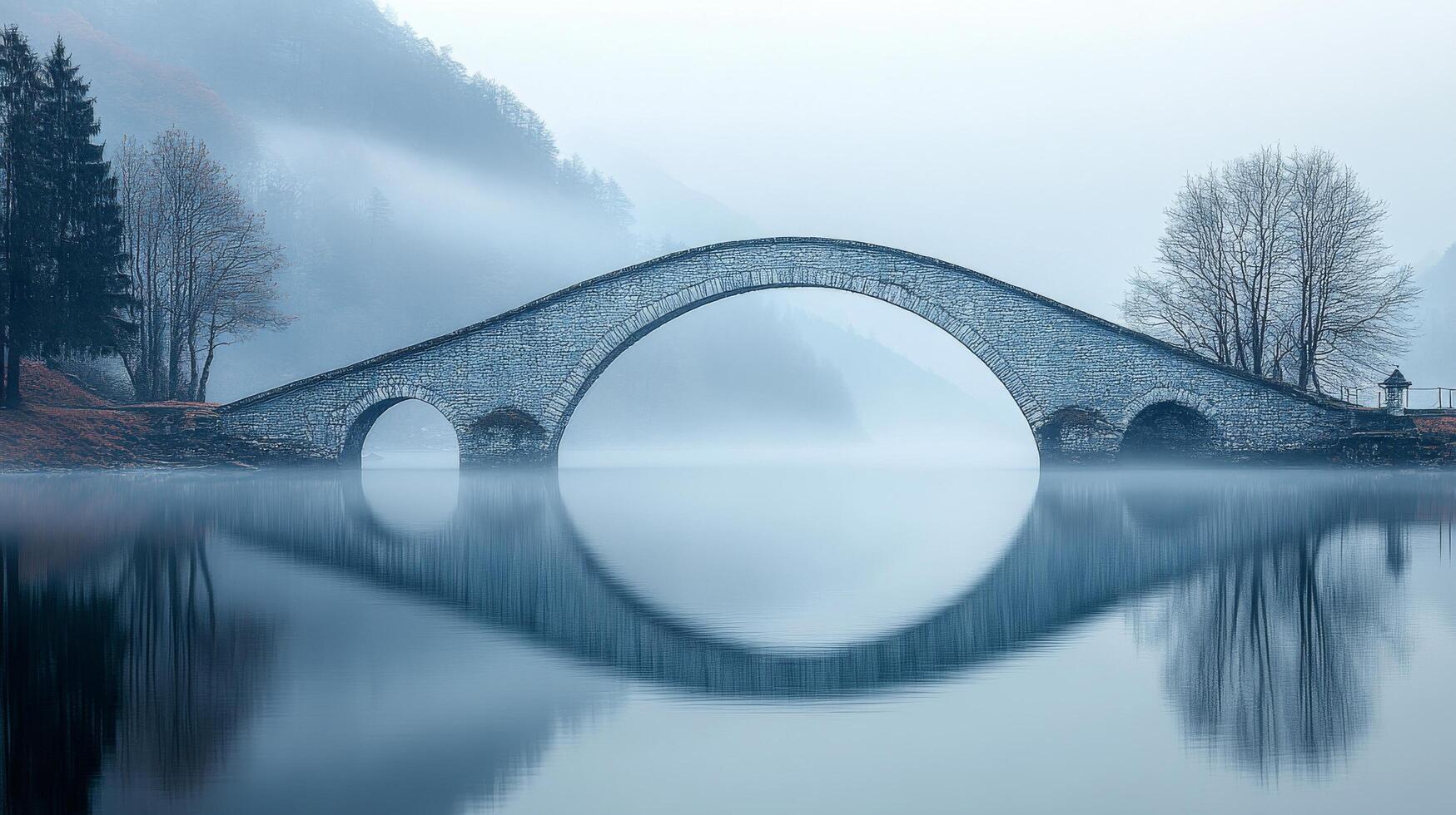 Serene stone bridge shrouded in morning mist reflecting in quiet waters of tranquil park photo