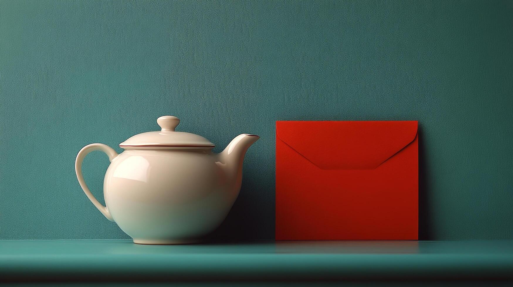 Teapot and red envelope on blue background photo