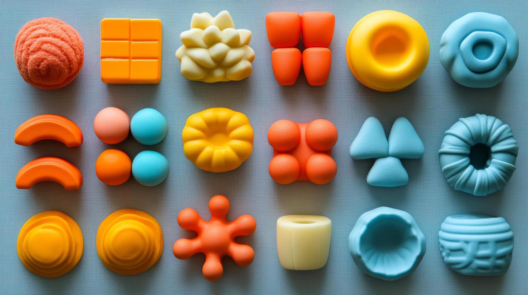 A collection of colorful plastic toys arranged in a pattern photo