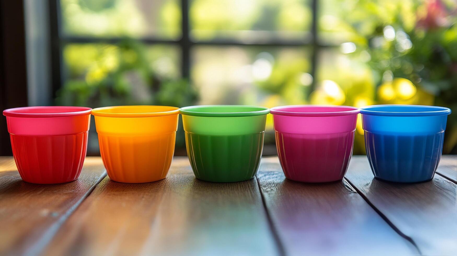 Six colorful plastic cups on a wooden table photo