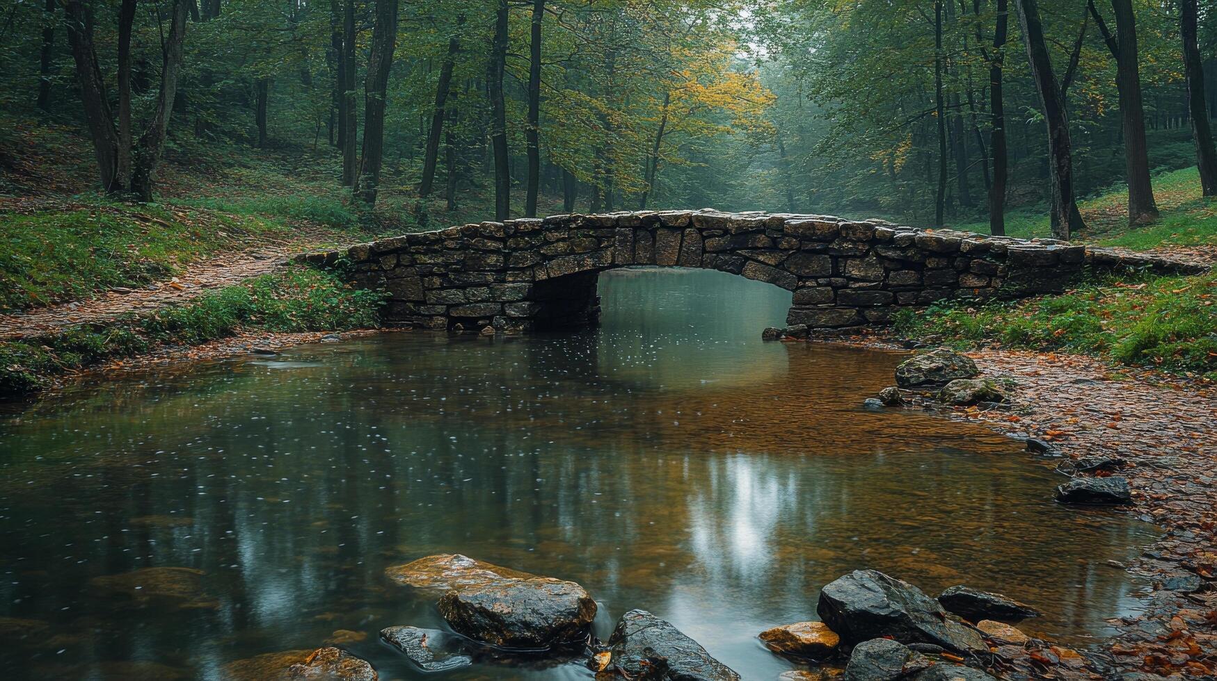 A stone bridge over a stream in a forest photo