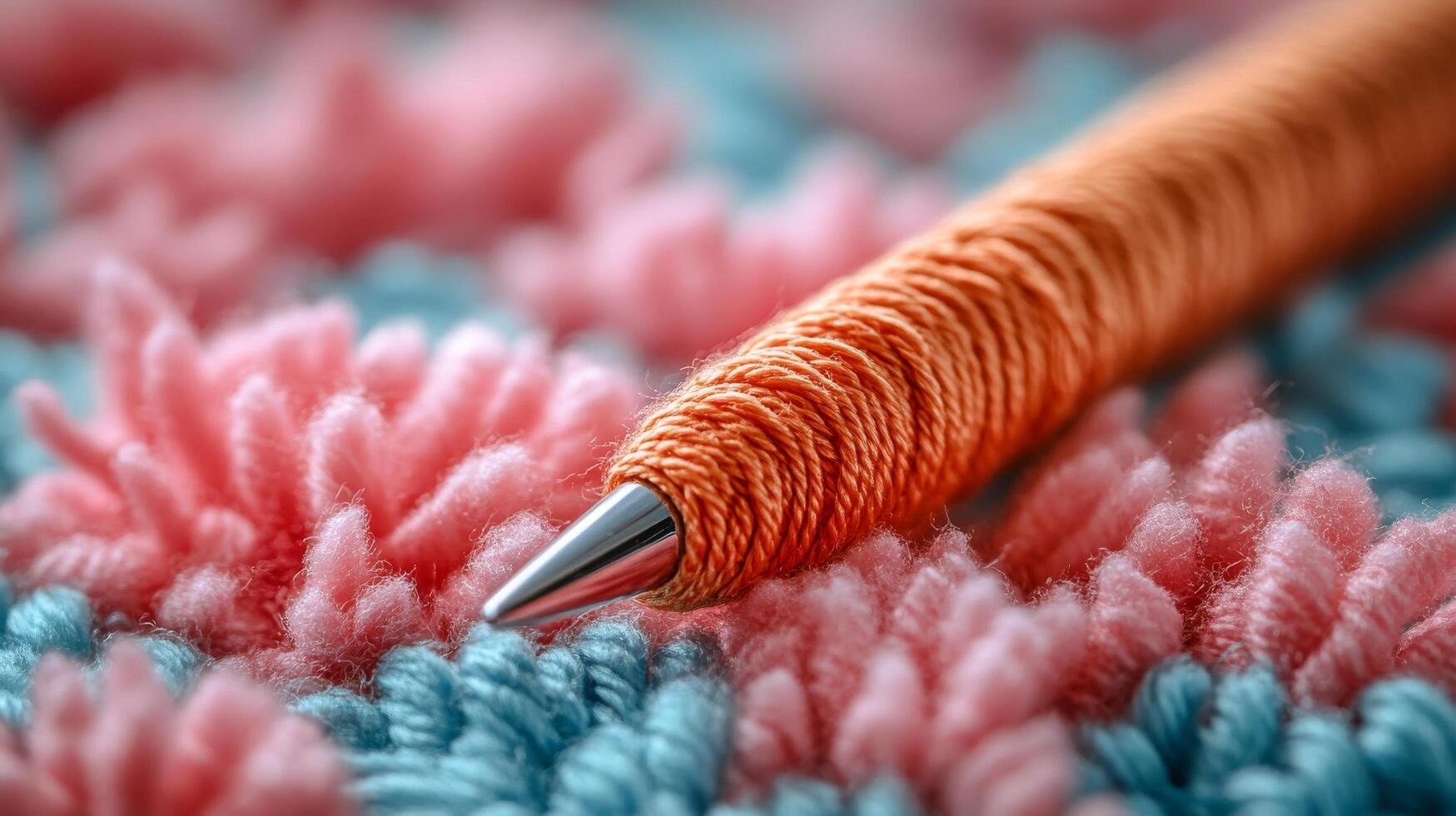 A close up of a crochet needle on a blue and pink carpet photo