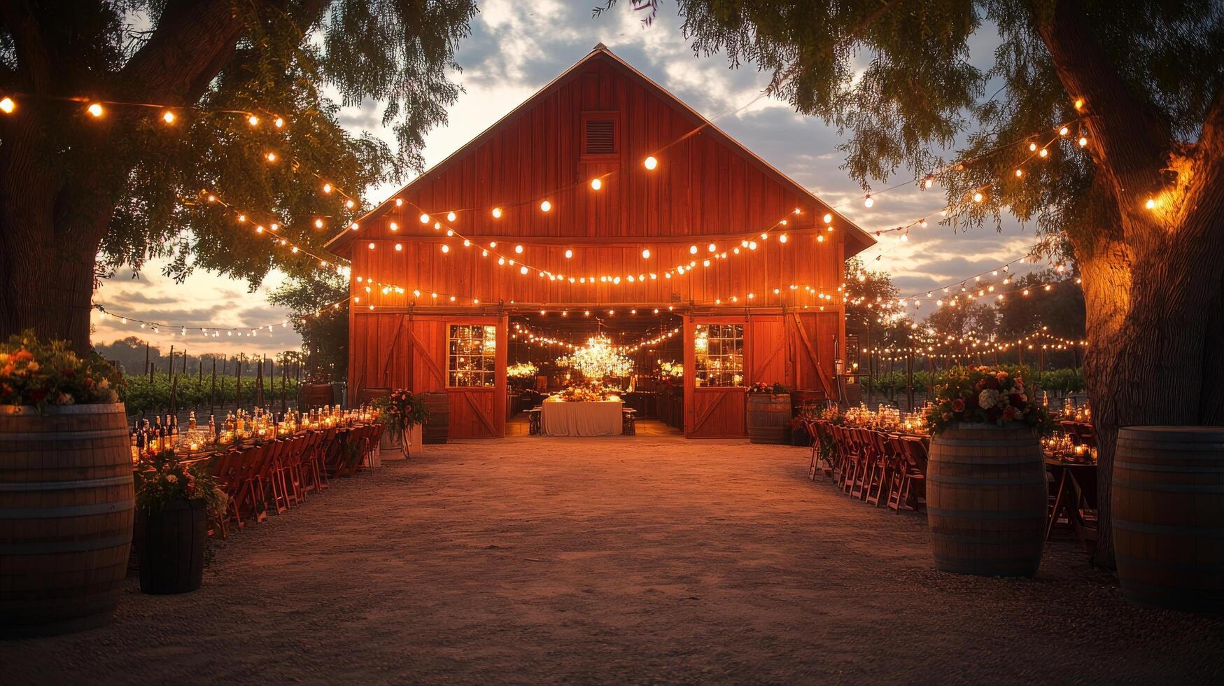 A barn with lights strung around it photo