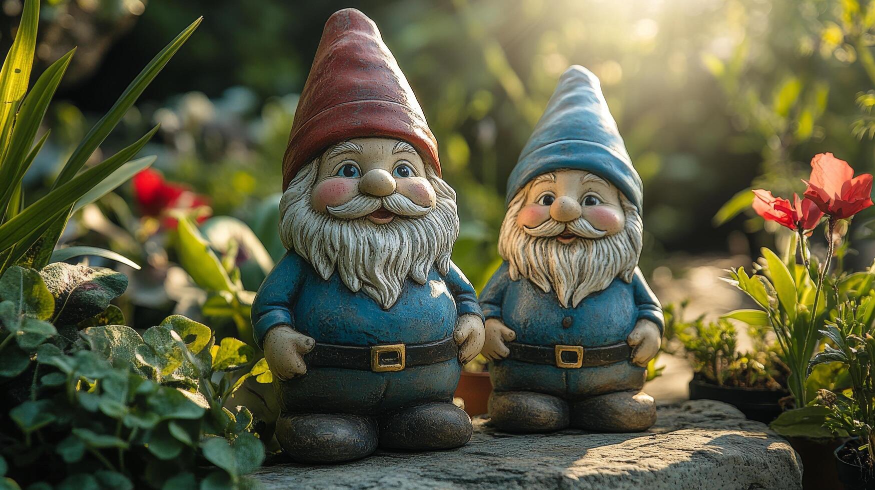 Two gnomes standing in a garden with flowers photo