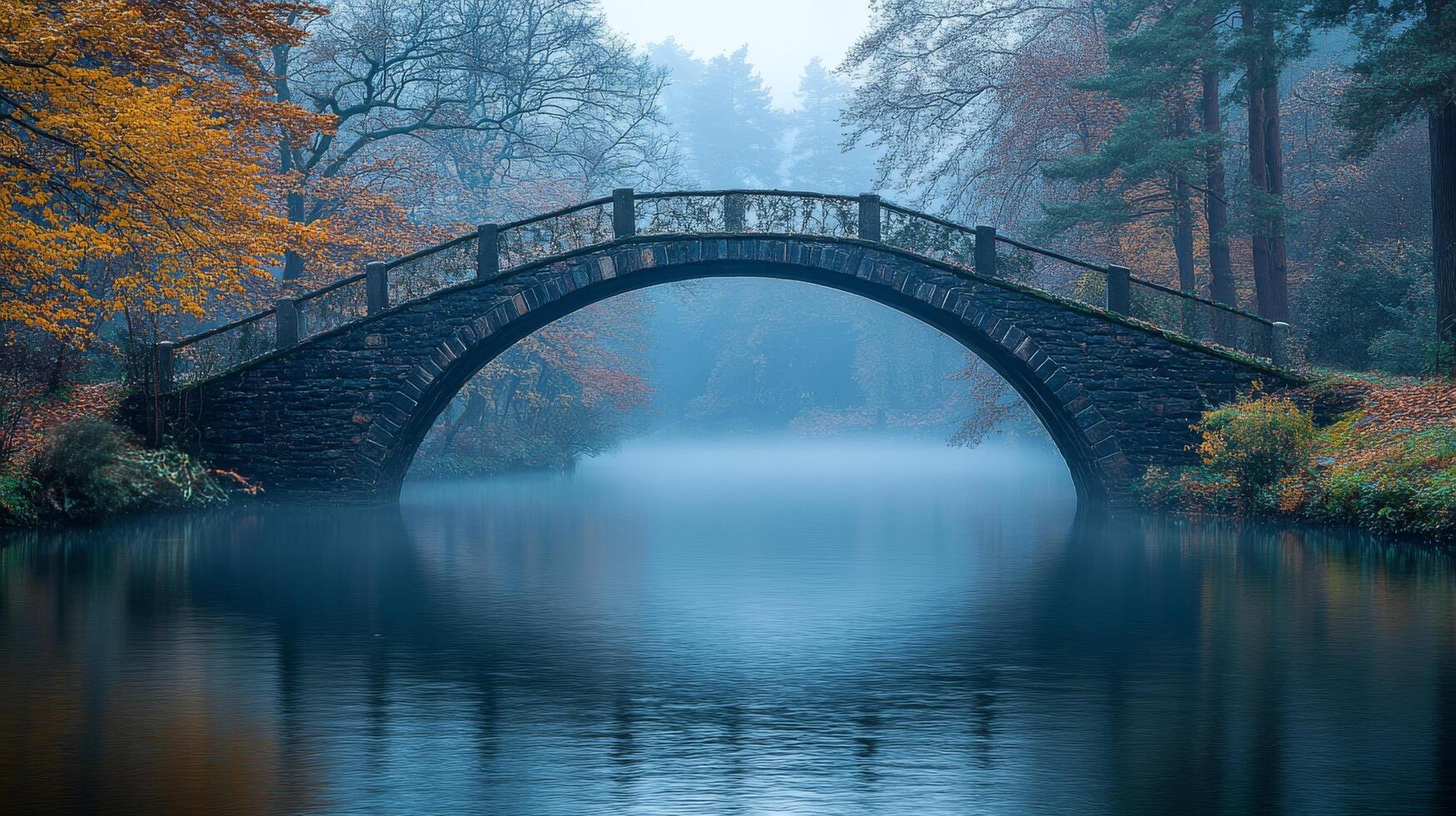 A bridge over a river in the middle of a foggy forest photo
