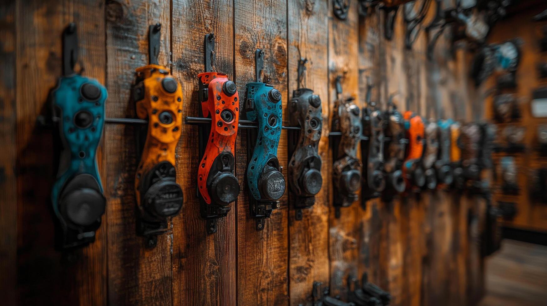 A row of colorful and black and orange knives on a wall photo