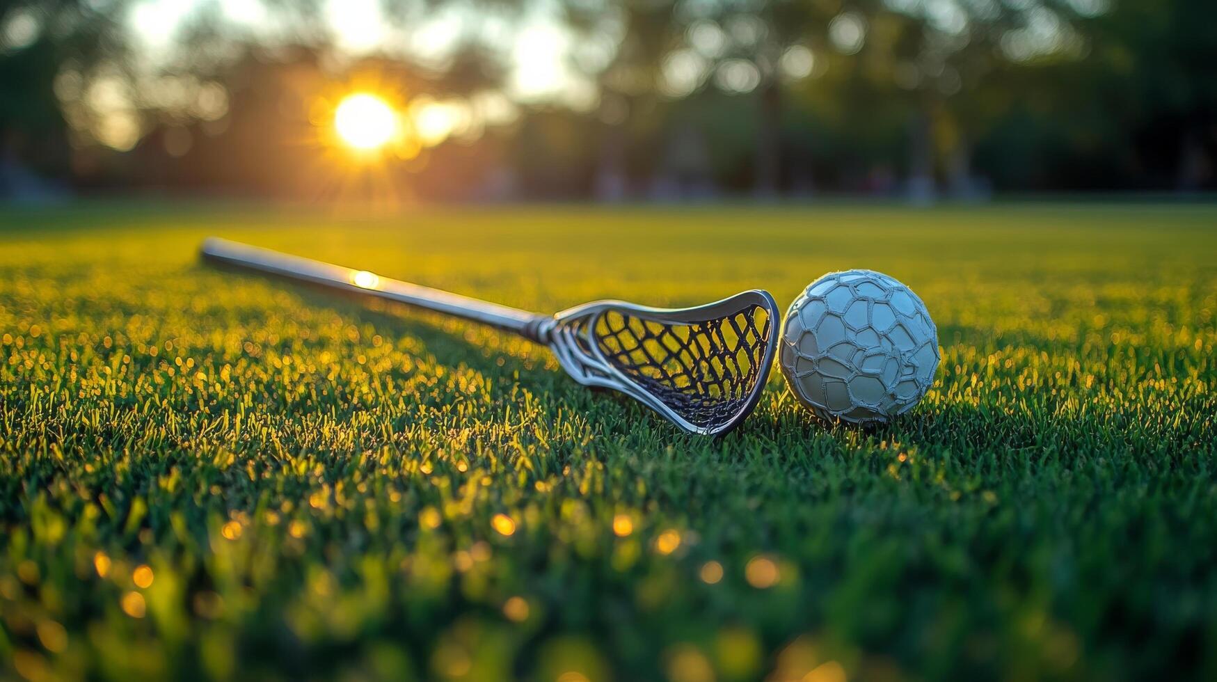 A lacrosse ball and a lacrosse stick laying on the grass photo