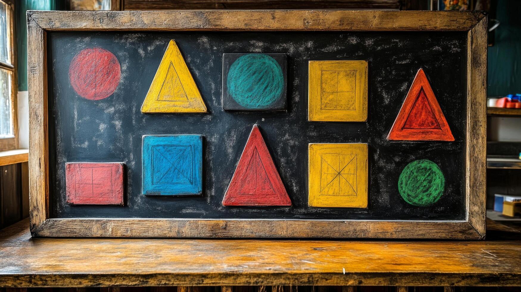 A chalkboard with colorful shapes on it photo