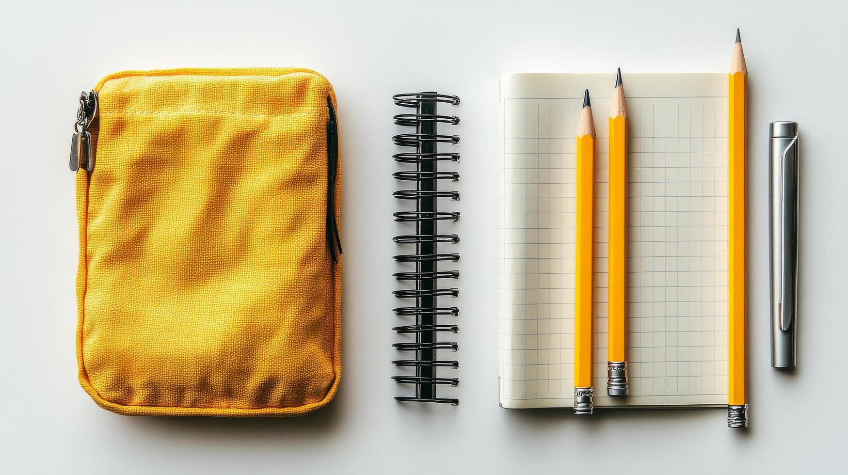 A yellow pencil case, a notebook, and two pencils are on a white surface photo