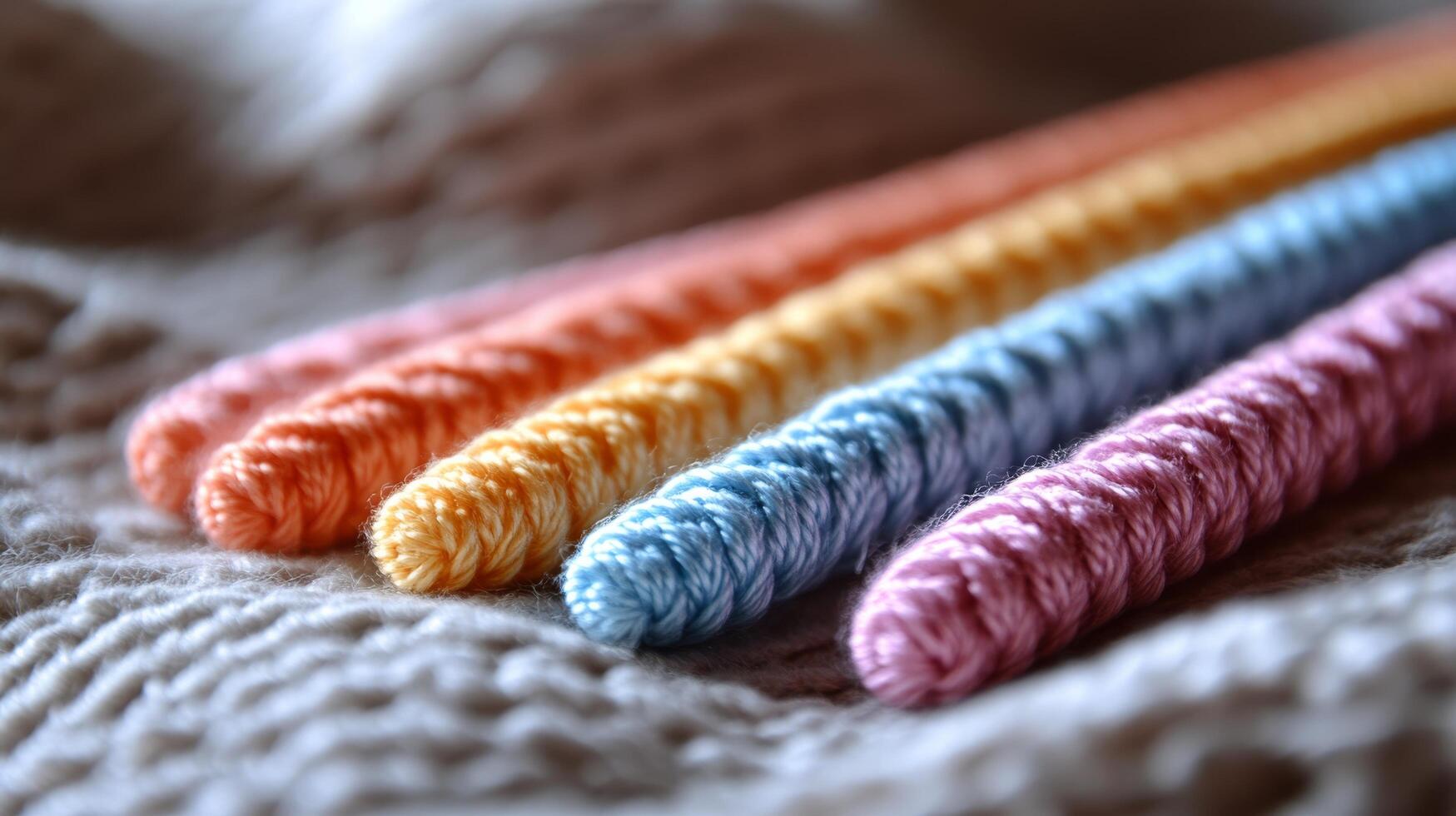 Four colorful yarn needles laying on a blanket photo