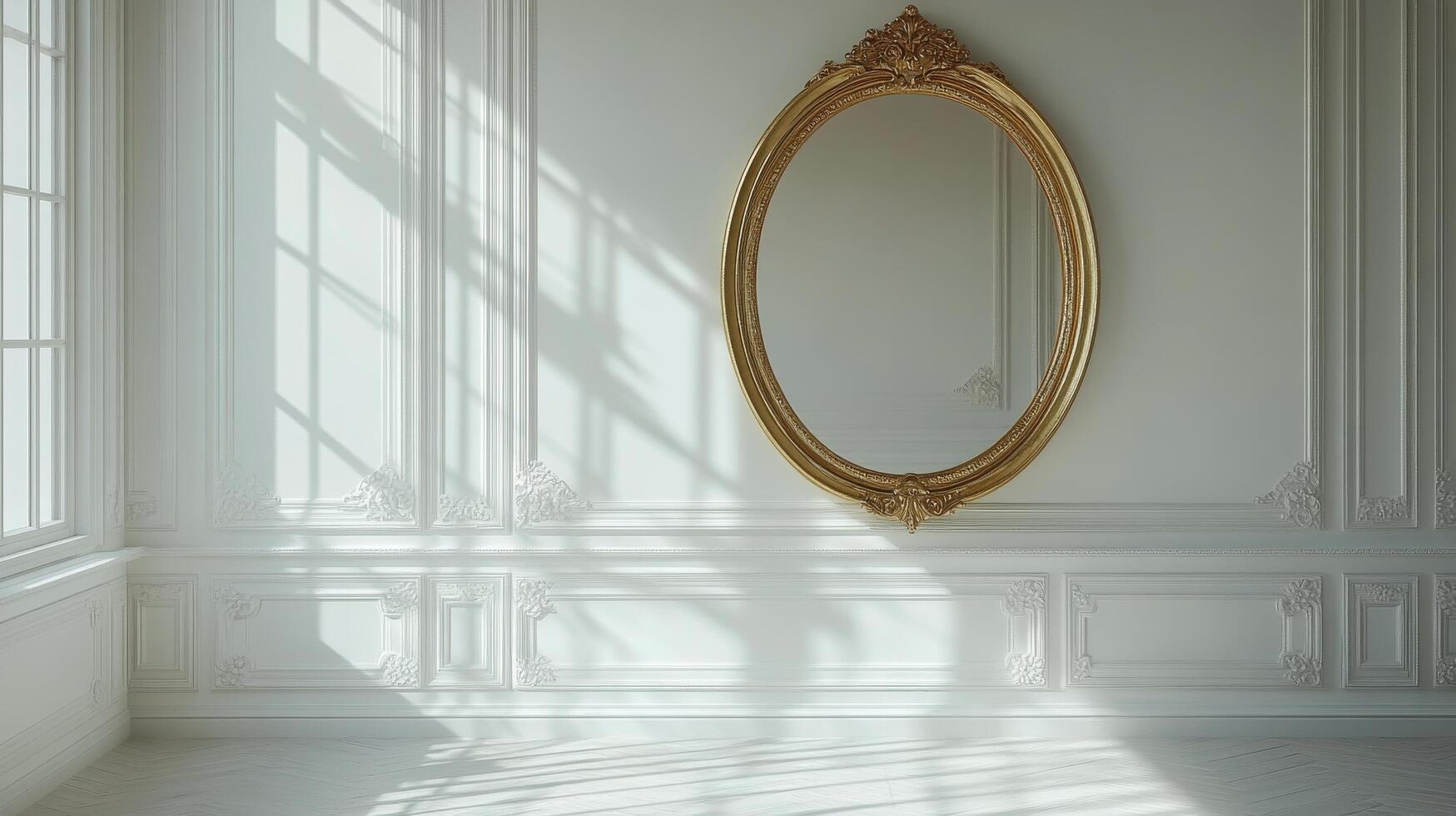 A room with a large mirror and white walls photo