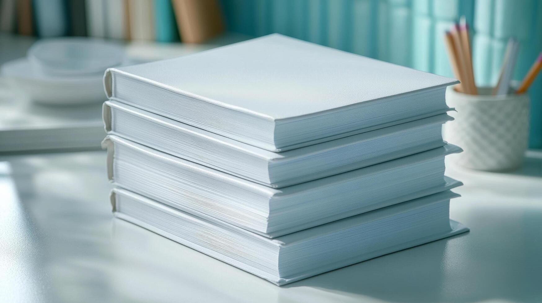 Stack of books on a desk photo