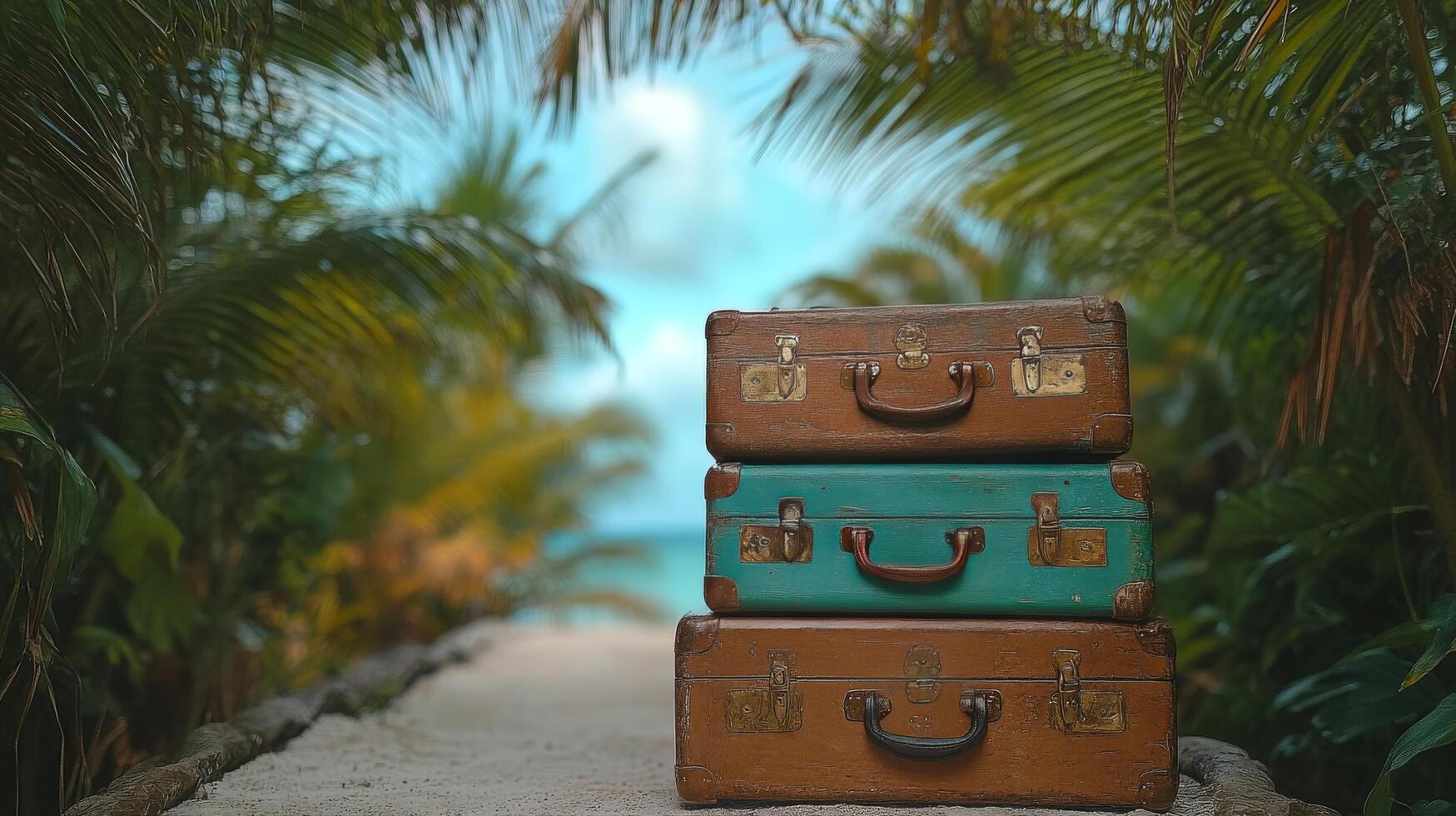 Three suitcases sitting on a beach with palm trees photo