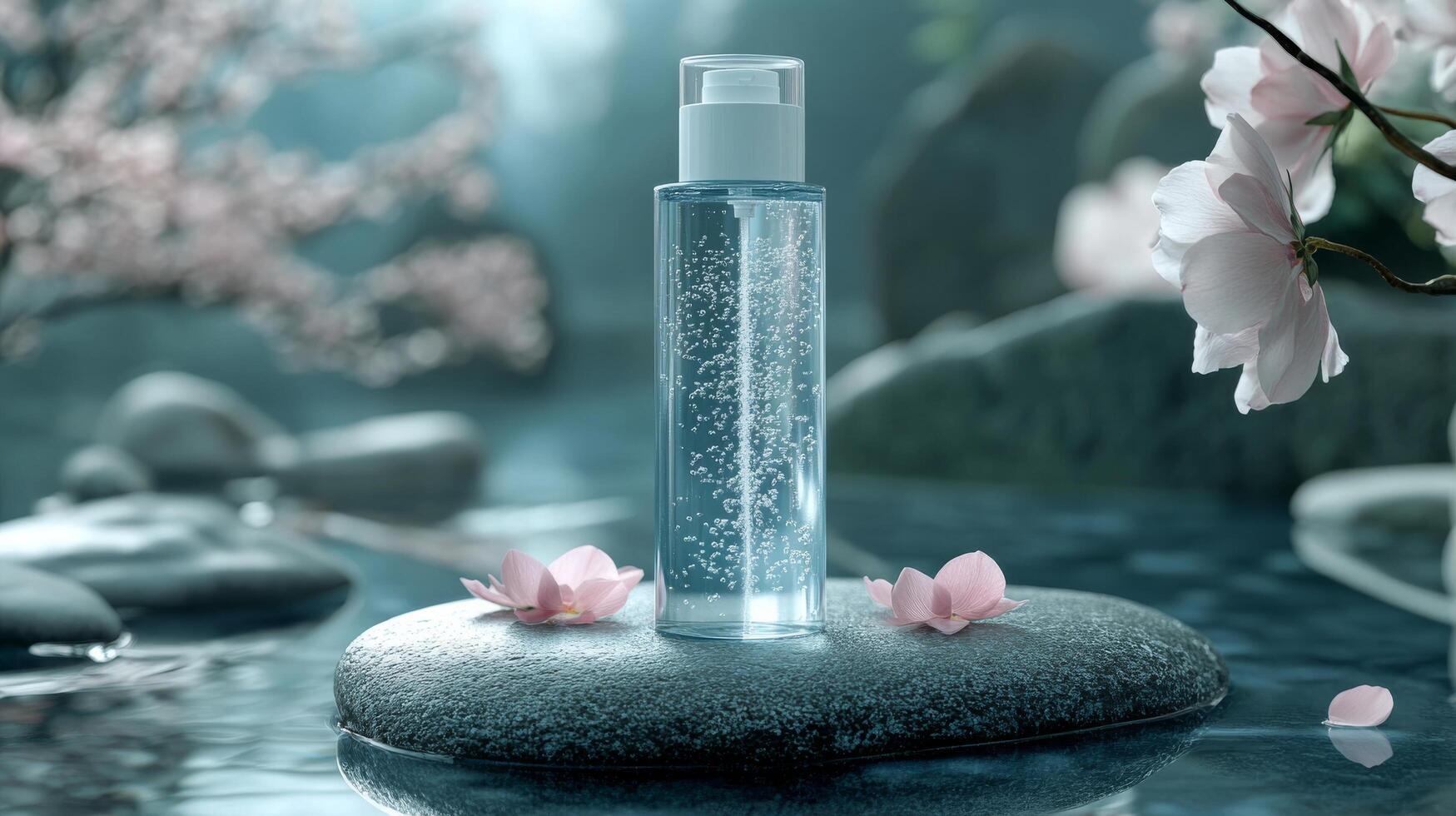 A bottle of water and a flower on a rock photo