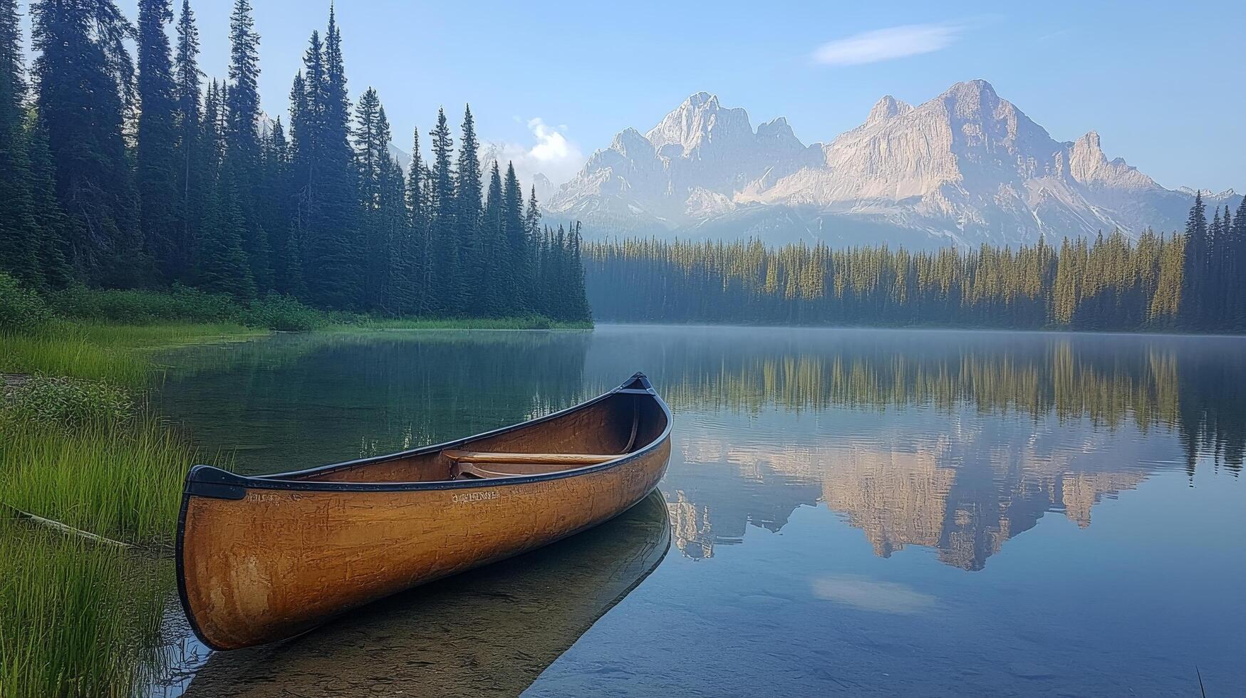 Canoe on lake, mountains, and reflection photo