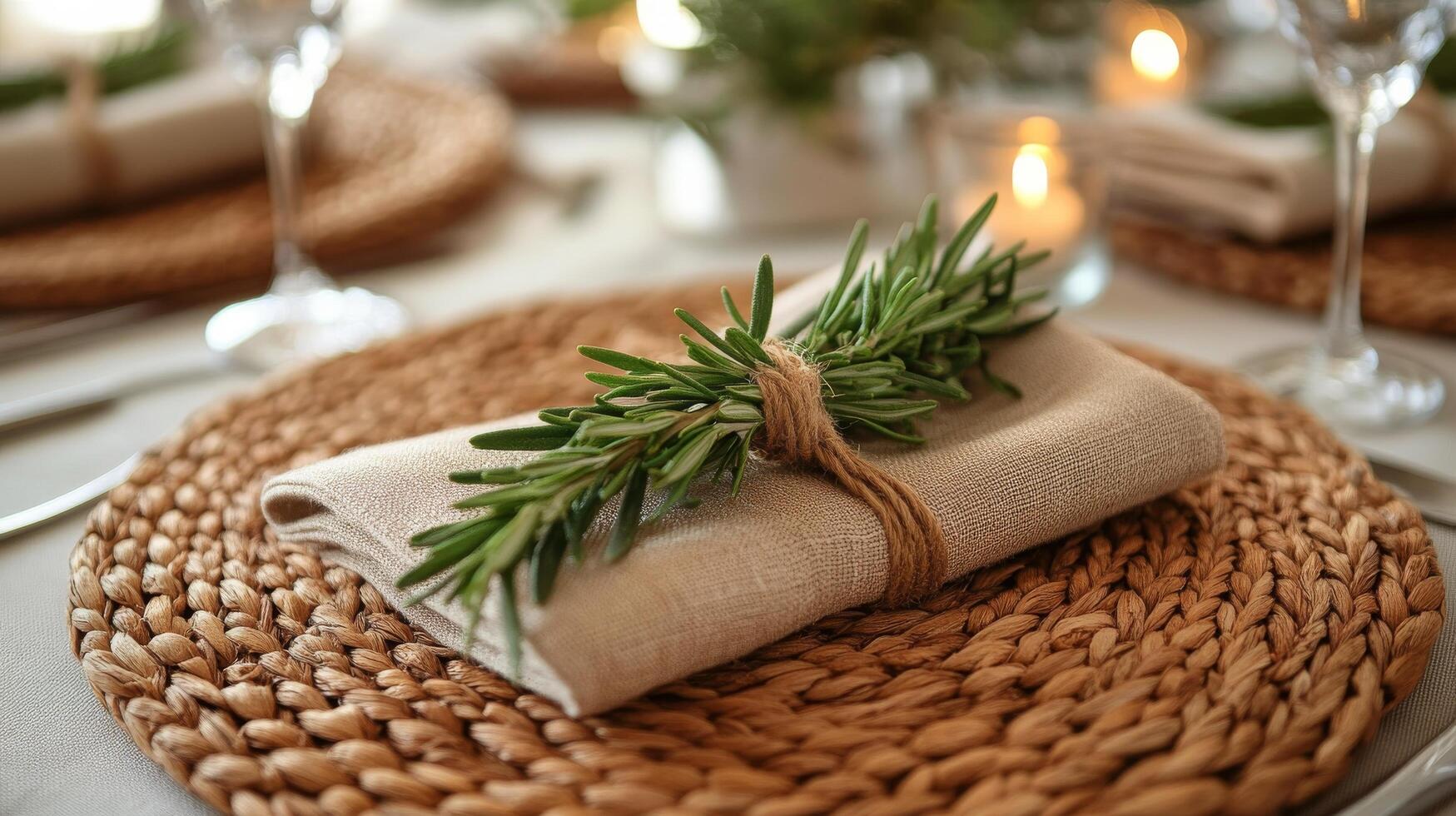 A table setting with a rosemary sprig on a wicker plate photo