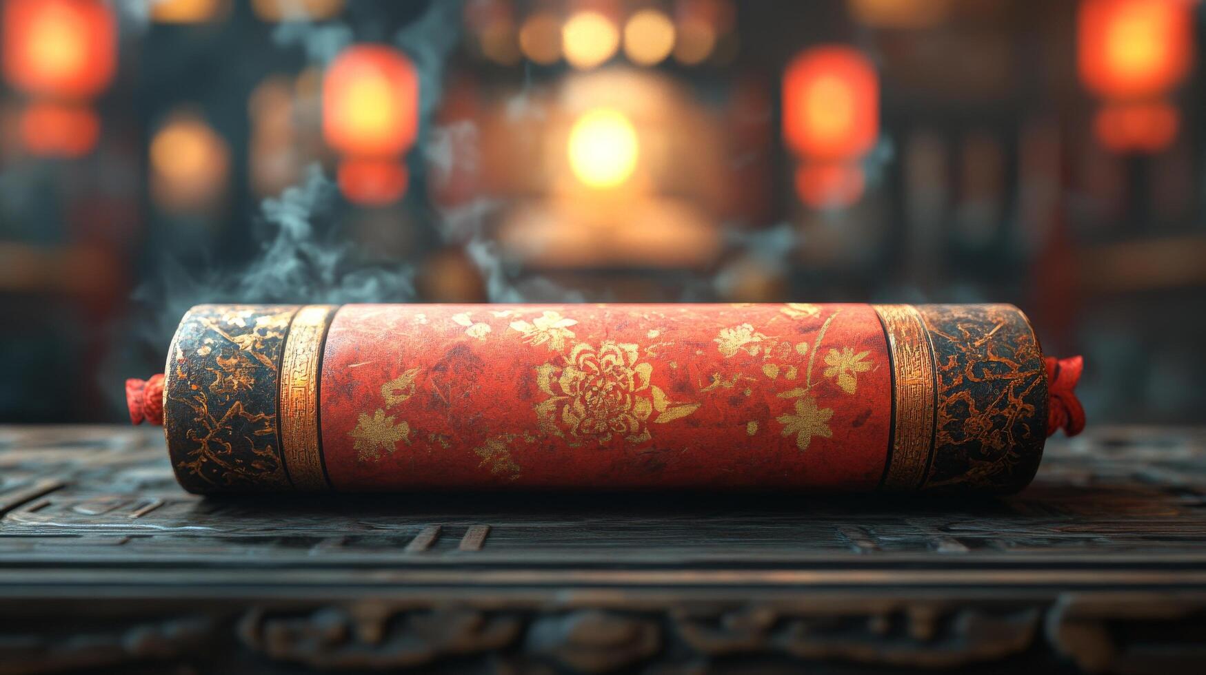 A red scroll with gold and oriental designs on it photo