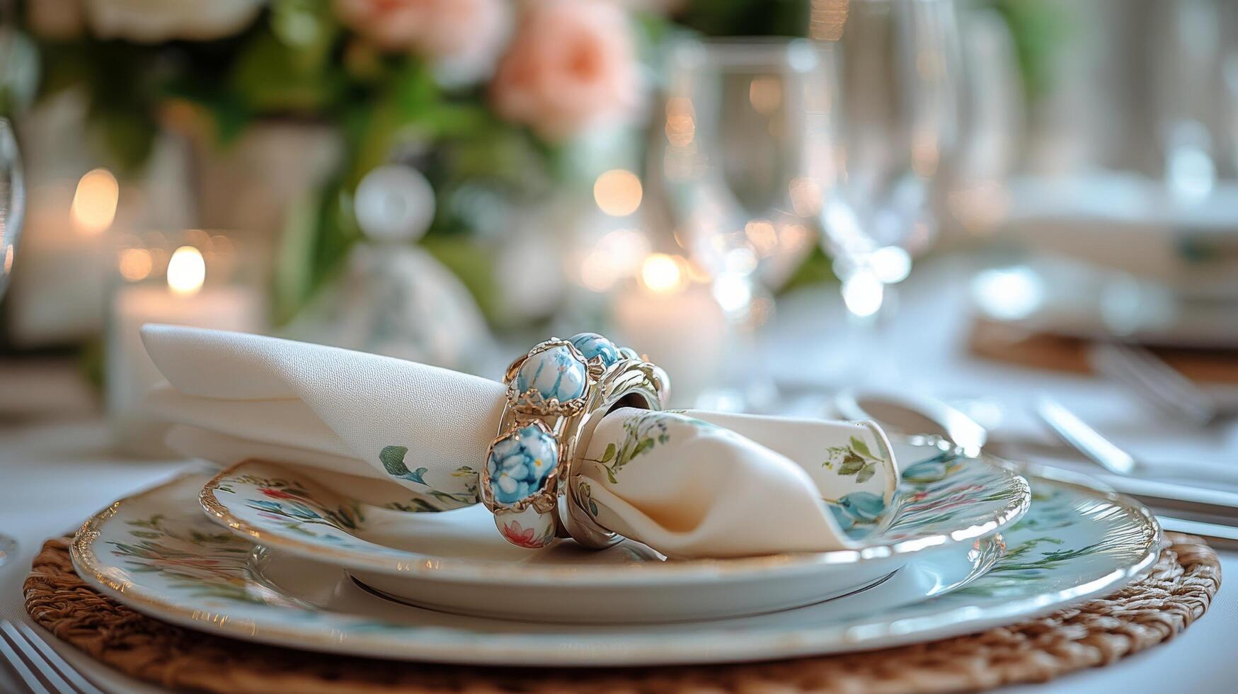 Elegant Easter table setting with pastel decorations and floral arrangements for festive dining photo