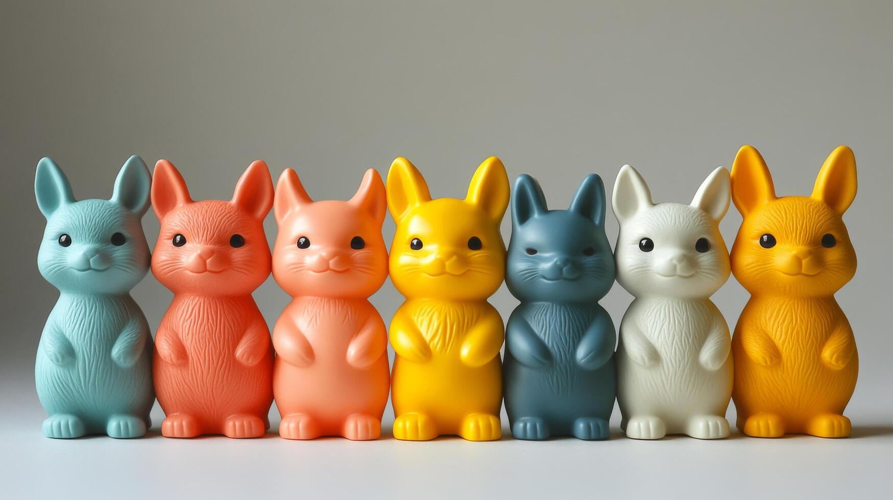 A row of colorful plastic rabbits in a row photo