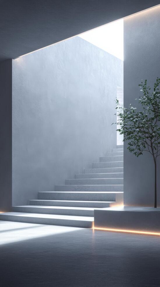 Natural light illuminates minimalist staircase in serene indoor environment photo