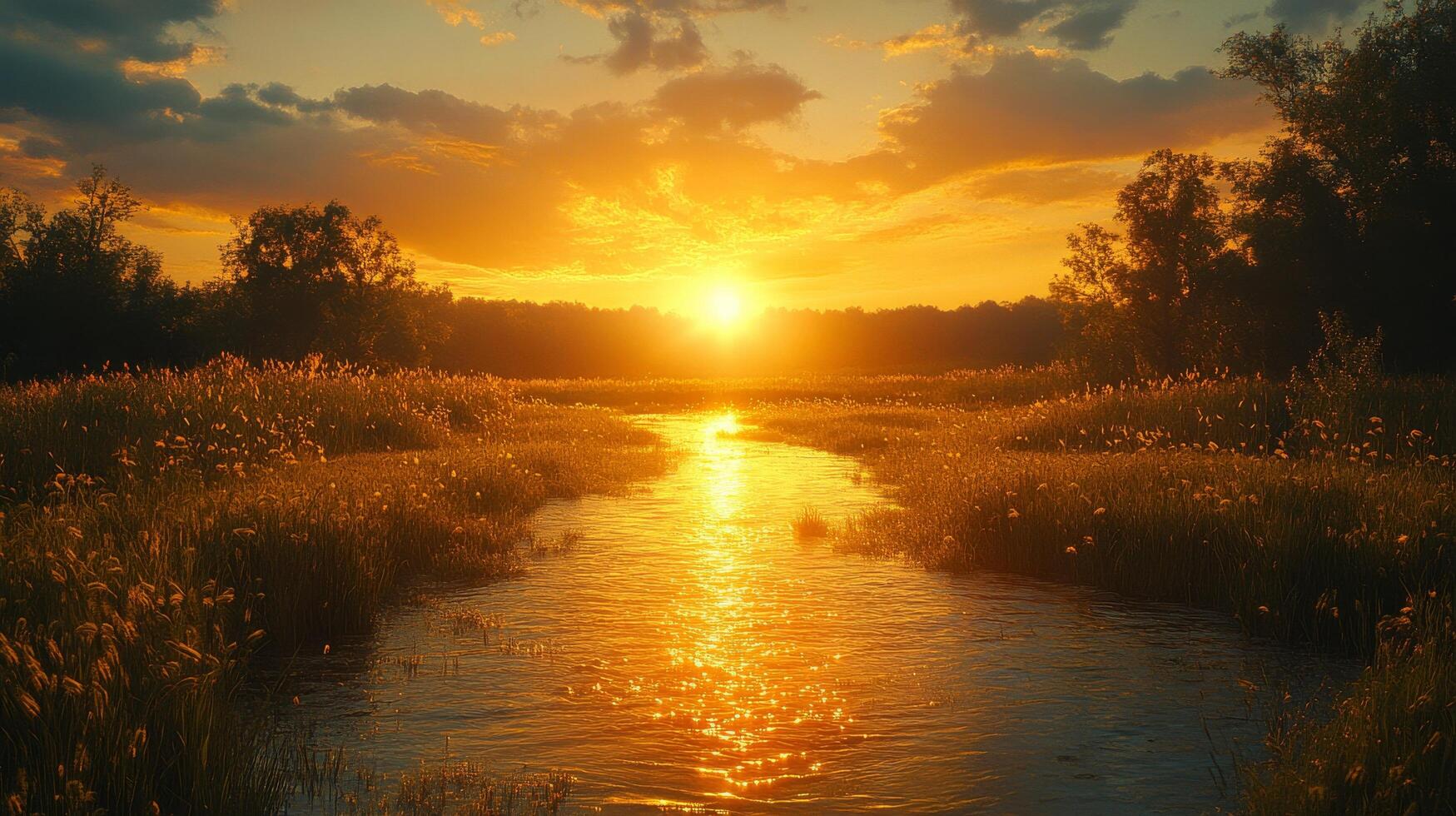 The sun is setting over a river in a field photo