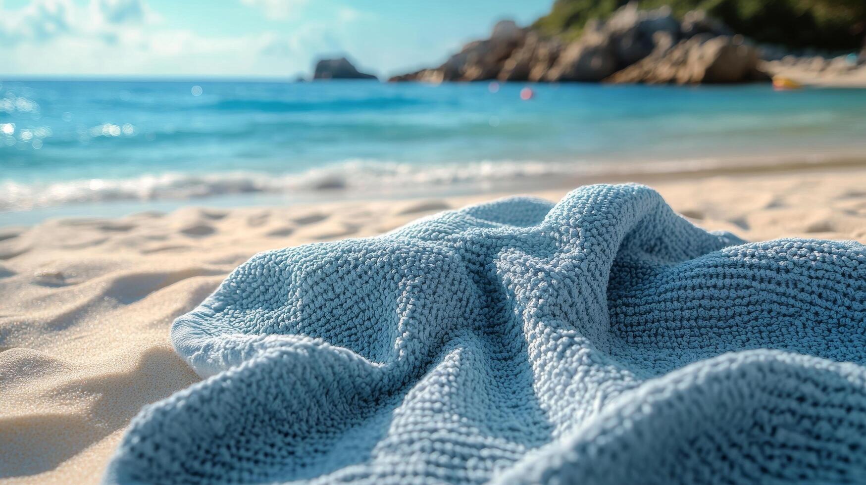A blue towel on the beach with the ocean in the background photo